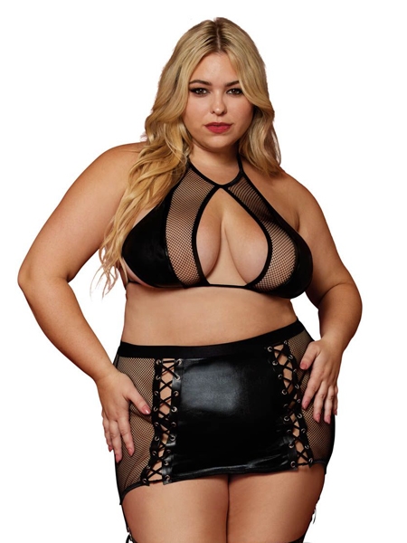 Lace-Up Leather and Mesh 2-Piece Set by DreamGirl