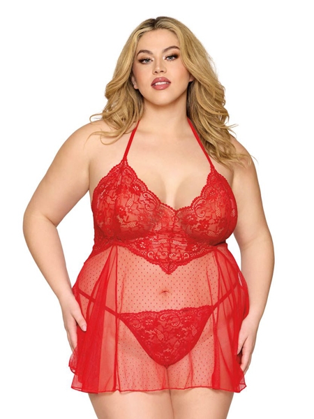 Red Dot Mesh and Lace Babydoll Set by DreamGirl